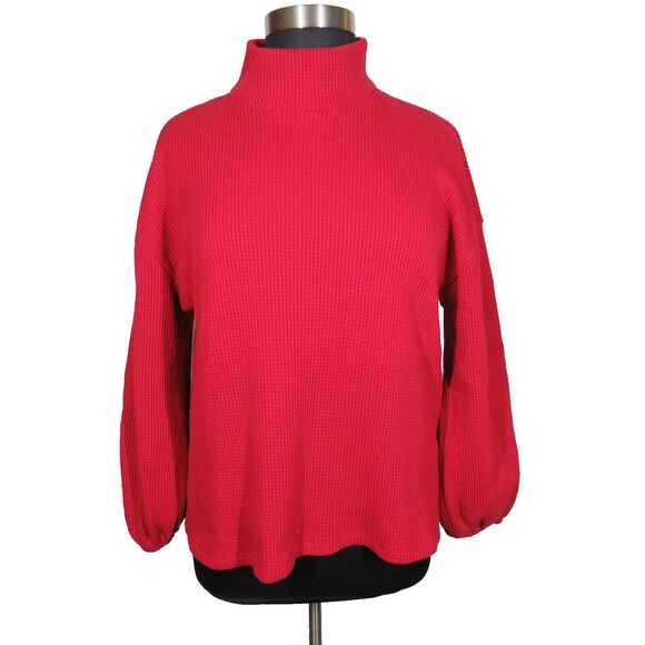 Ava + Viv Red Mock Neck Waffle Knit Balloon Sleeve Top Plus Size 1X - Picture 2 of 8